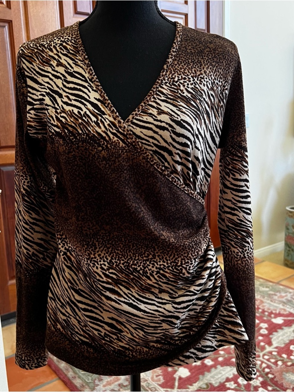 Alison Sheri M Animal Print Black White V-neck Faux Wrap Top Creates Hour Glass